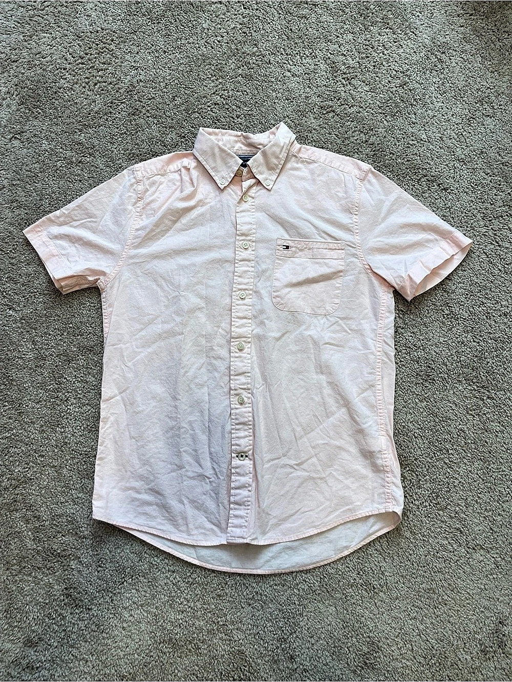 Tommy Hilfiger Short Sleeve Regular Fit Cotton Oxford Shirt Button Down Pink